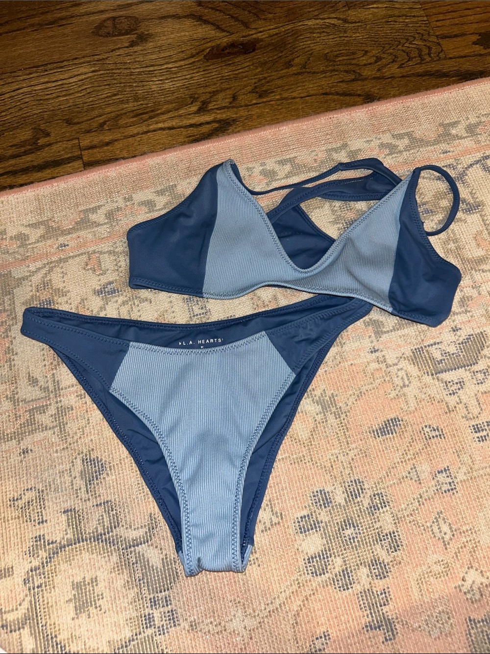 Light Blue and Navy Two-Tone Ribbed Bikini